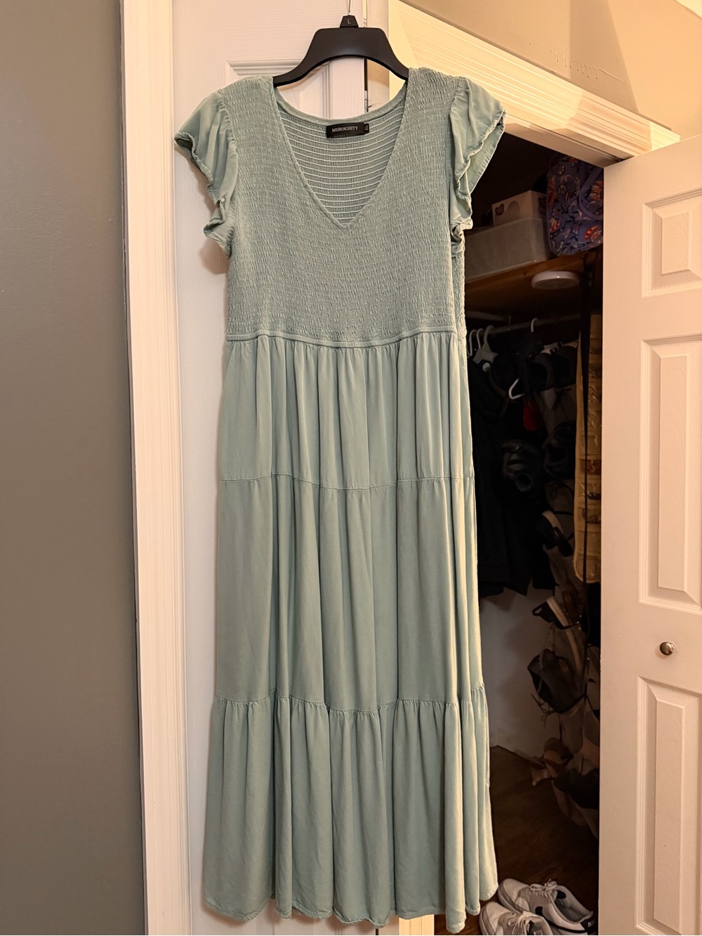 Madewell Light Sage Green Smocked V-Neck Tiered Maxi Dress
